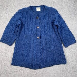 Kilronan Knitwear Sweater Womens XL Blue Aran Merino Wool Cardigan Ireland Made